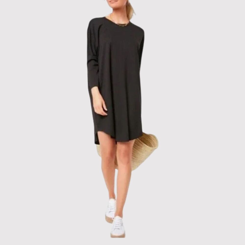 Tuckernuck Pomander Place Dress Black Mini Tunic Shift 3/4 Sleeve Stretch L/XL